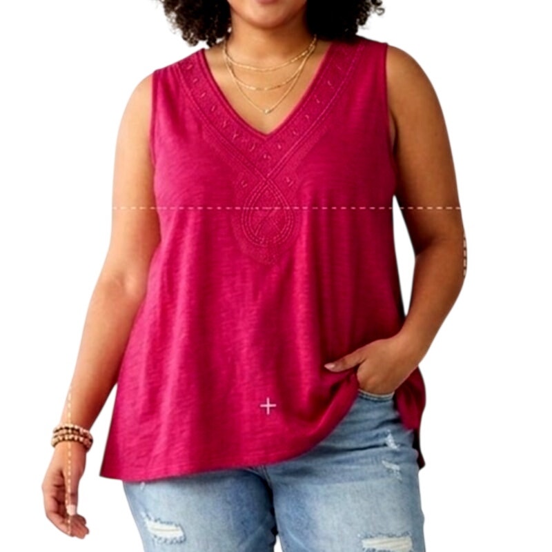 Saint Tropez West Pink Sleeveless V-Neck Linen Top Embroidered Tank Sz 3x Casual